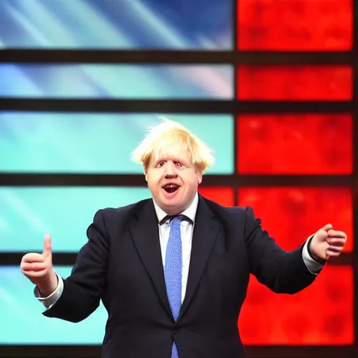 Image similar to boris johnson singing on americas got talent with a microphone | tomatoes and anchors being thrown 4 k photograph