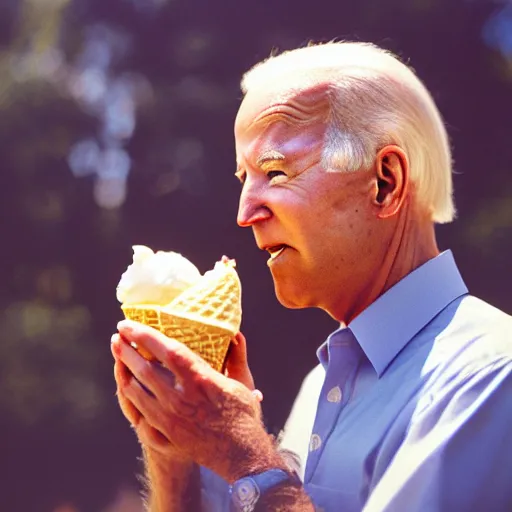 Prompt: photo of joe biden licking an ice cream cone of poop, cinestill, 800t, 35mm, full-HD