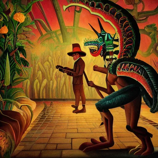 Image similar to high quality, high detail painting, dutch masterpiece, darryl mccray, film noir, diego rivera, high garden scene with quetzalcoatl at night, hd, muted lighting