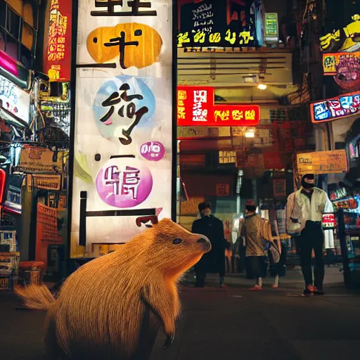 Prompt: capybara drinking bubble tea in cyberpunk seoul