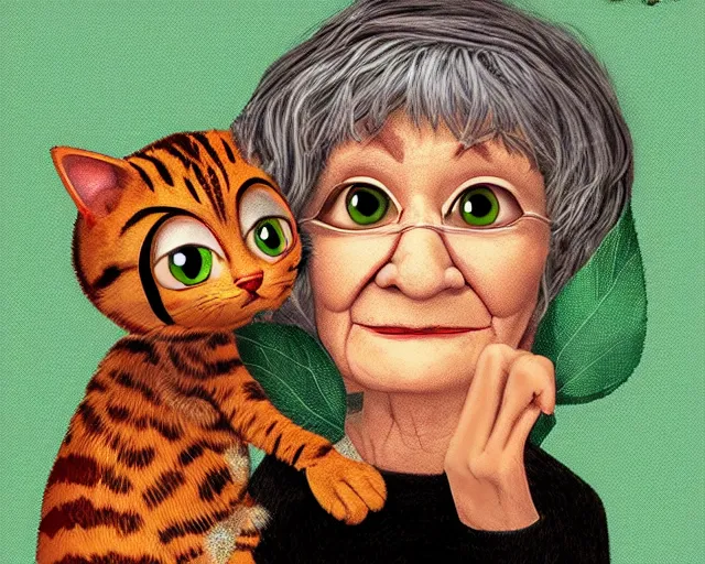 Image similar to detailed cartoon portrait of an old lady and her plant cat, pixar, sharp high quality