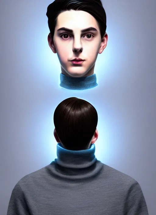 Image similar to portrait of teenage jughead jones wearing a light grey crown, crown, blue turtleneck, 1 9 5 0 s, closed eyes, photorealistic, black hair, glowing lighting, intricate, elegant, glowing lights, highly detailed, digital painting, artstation, concept art, smooth, sharp focus, illustration, art by wlop, mars ravelo and greg rutkowski