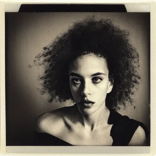Prompt: polaroid picture, beautiful light - skinned woman, symmetrical face, curly hair, afro, artistic, black and white, eerie, francesca woodman style