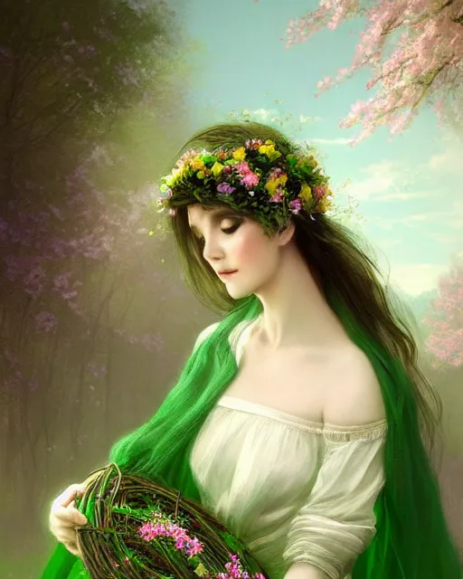 Image similar to the goddess of spring, with a wreath on her head and a green gauze skirt, dreamy, beautiful, by wlop