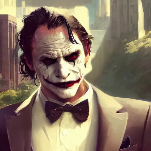 Image similar to highly detailed portrait joker bruce wayne gta v, stephen bliss, unreal engine, fantasy art by greg rutkowski, loish, rhads, ferdinand knab, makoto shinkai and lois van baarle, ilya kuvshinov, rossdraws, tom bagshaw, global illumination, radiant light, detailed and intricate environment