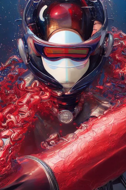 Image similar to Speed Racer, realistic and ultra intricate detailed soft painting, volumetric lighting, mist, chains and red fluid background, artstation, Tom Bagshaw Yasushi Nirasawa Moebius artstyle, unreal render, depth of field