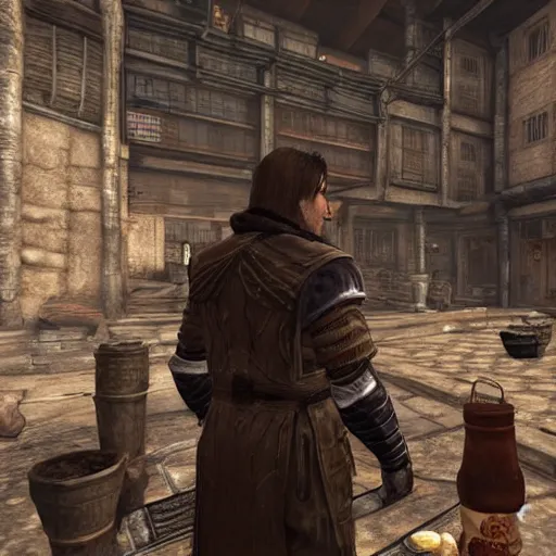 Image similar to screenshot of nicolas cage in the market district of imperial city, from elder scrolls