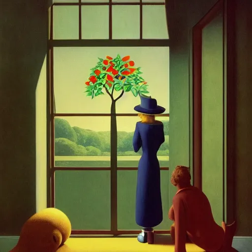 Image similar to a talking tree invites you over for lunch by Raphael, Hopper, and Rene Magritte. detailed, romantic, enchanting, trending on artstation.
