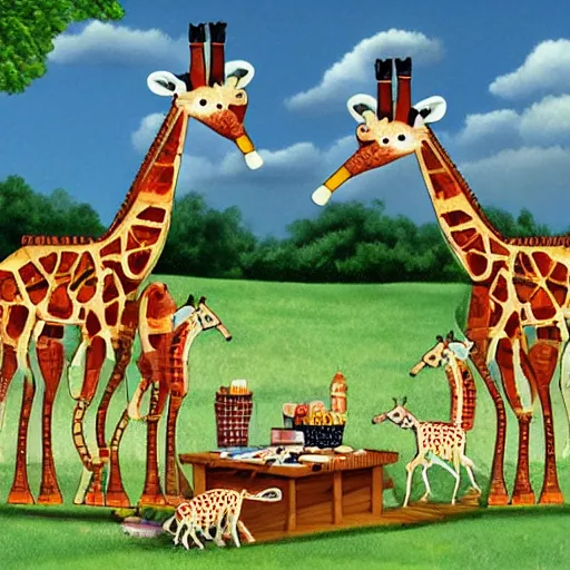 Image similar to mechanical giraffes, having a picnic, realistic,