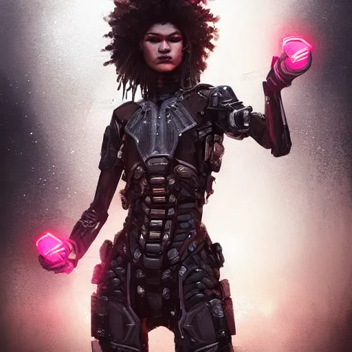 Image similar to zendaya portrait, dystopia core, apocalyptic, armor, warrior, dramatic, sharp focus, fiction, neon, fantasy, hyper detailed, digital art, trending in artstation, cinematic lighting, studio quality, smooth render, unreal engine 5 rendered, octane rendered, art style and nixeu and wlop and krenz cushart