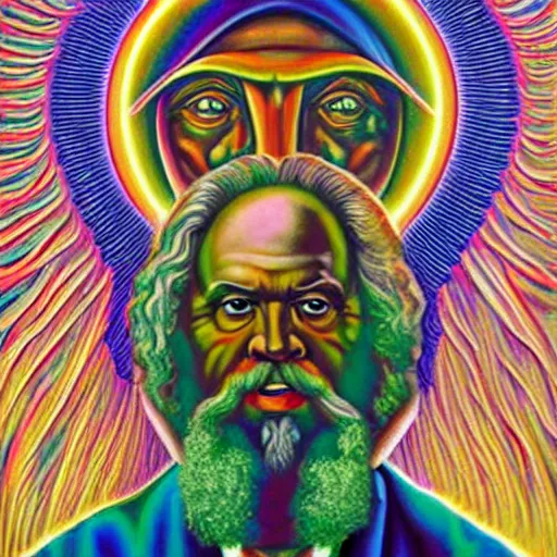 Image similar to karl Marx painting by alex grey in the style of cosmic christ by alex grey