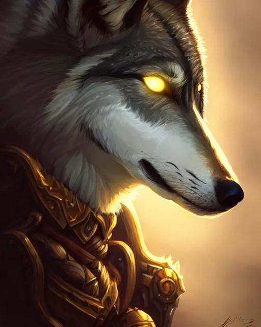 Prompt: wolf portrait, backlight, rim lighting, deep focus, d & d, fantasy, intricate, elegant, highly detailed, digital painting, artstation, concept art, matte, sharp focus, illustration, hearthstone, art by artgerm and greg rutkowski and alphonse mucha