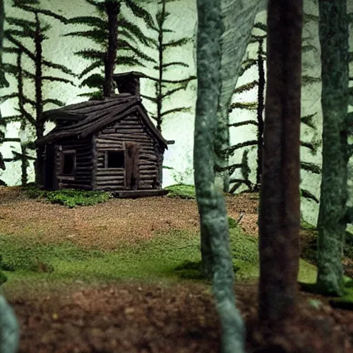 Image similar to a Eerie cabin in the middle of the woods in the style of claymation