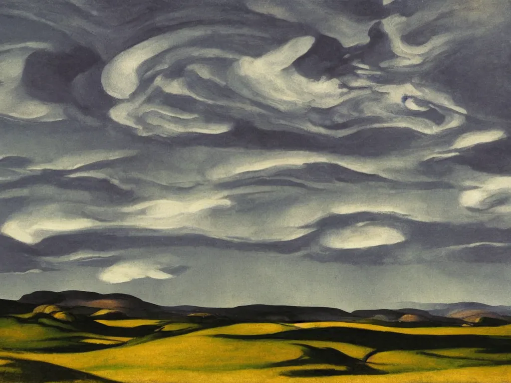 Image similar to dramatic landscape of donegal ireland after the storm, mammatus clouds and lenticular clouds, by edward hopper and giorgio de chirico