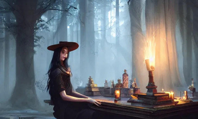 Image similar to witch doing a card trick, cardistry, cards, fantasy, digital art, soft lighting, wide shot, 8 k, fantasy concept art by greg rutkowski