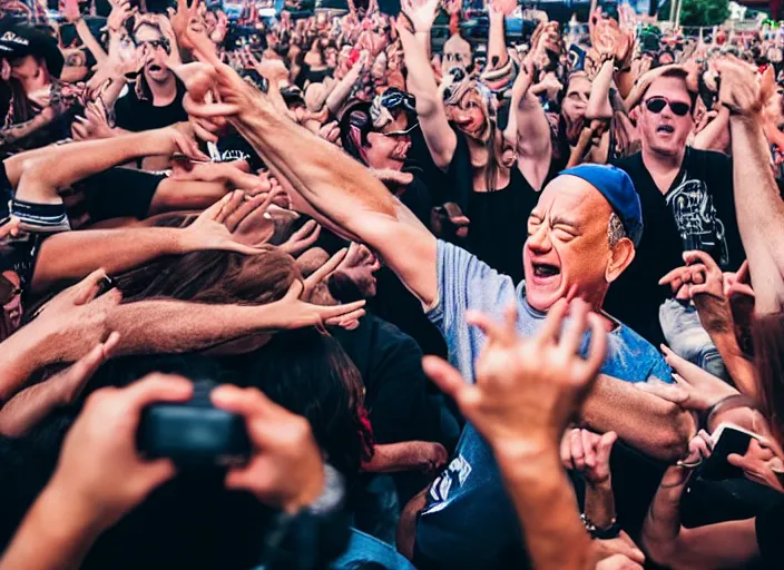 Image similar to photo still of tom hanks at vans warped tour!!!!!!!! at age 4 5 years old 4 5 years of age!!!!!!! stage diving into a crowd, 8 k, 8 5 mm f 1. 8, studio lighting, rim light, right side key light