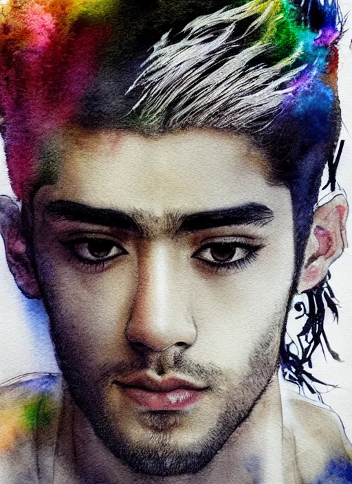 Image similar to portrait, Zayn Malik as the last spark of color lays in the heart of a poet walking through a grey world, watercolor, dramatic lighting, cinematic, establishing shot, extremely high detail, foto realistic, cinematic lighting, pen and ink, intricate line drawings, by Yoshitaka Amano, Ruan Jia, Kentaro Miura, Artgerm, post processed, concept art, artstation, matte painting, style by eddie mendoza, raphael lacoste, alex ross