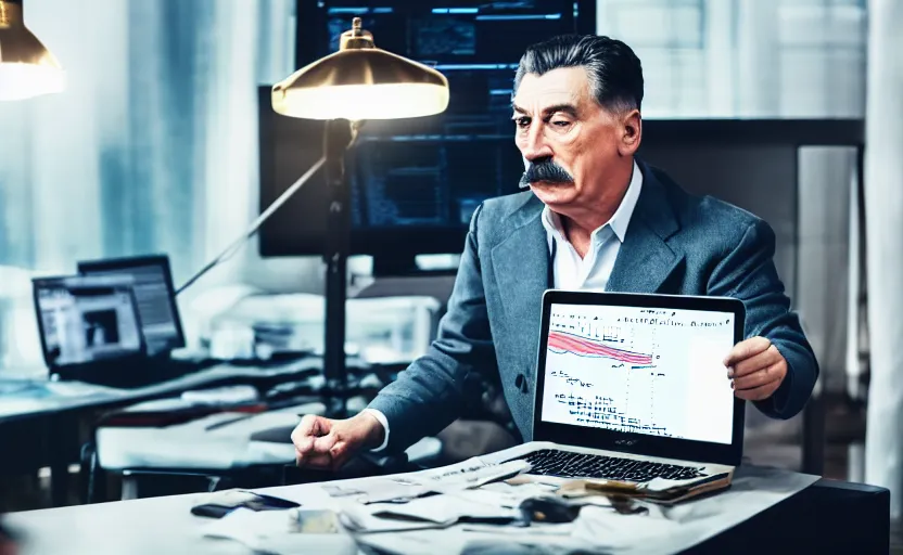 Prompt: angry josef stalin trading forex in front of computer trading bitcoin, clear detailed face, product lighting, studio photography dslr, golden ratio composition, instagram photo, luminar, fullhd stock photo