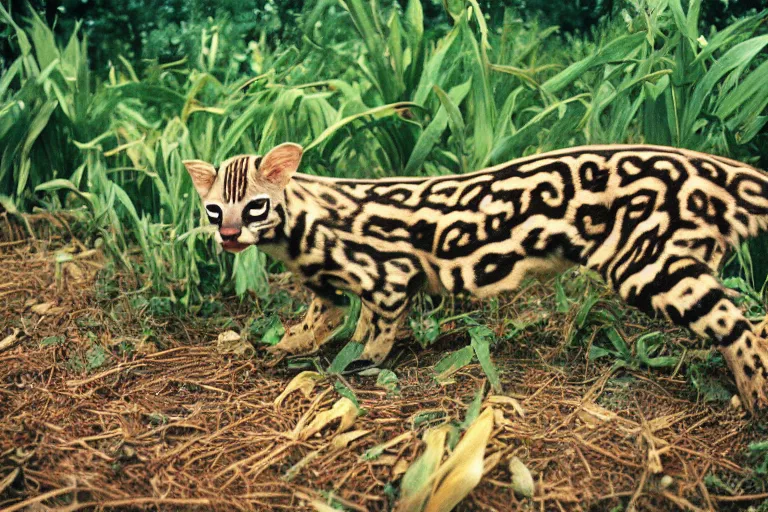 Prompt: a photo of a giant mutant ocelot corncob in its natural habitat, kodak ektachrome e 1 0 0 photography