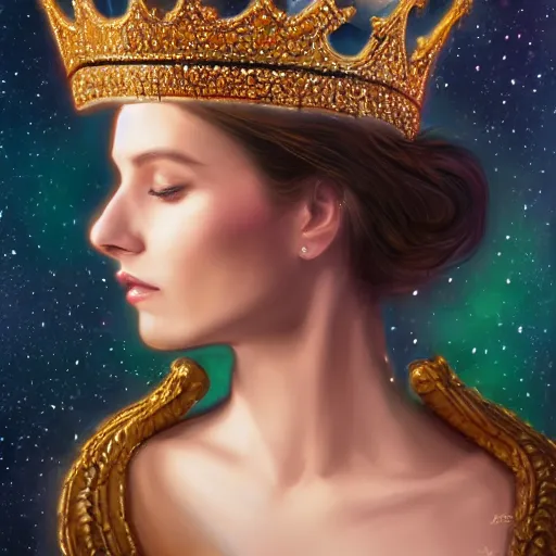 Prompt: a realistic digital painting of a queen looking over the milky way, wearing an ornate crown, dramatic lighting, serious expression, 4K, HD, detailed, epic, artstation, beautiful, amazing, eyes, facial features,