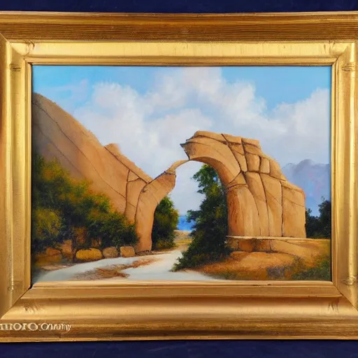 Prompt: oil painting of a big stone arch, epic scale