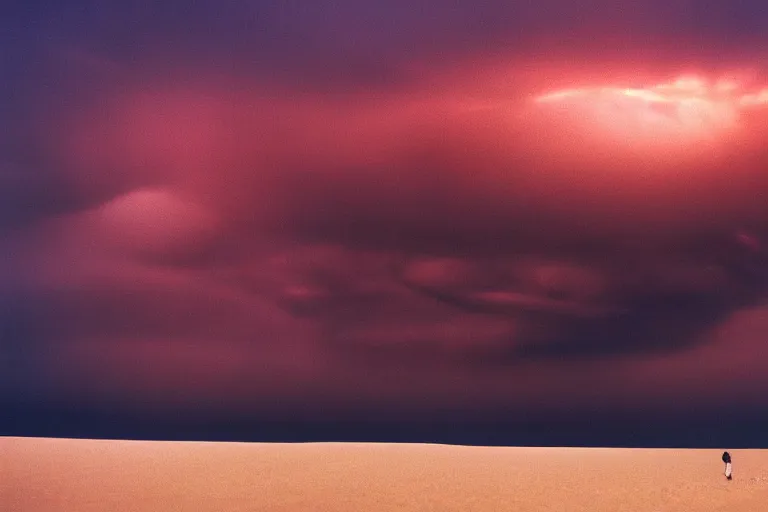 Image similar to a cinematic photograph of a storm in a serene vast desert, dune, cinematic, movie still, dramatic lighting, by bill henson, 1 6 : 9 ratio