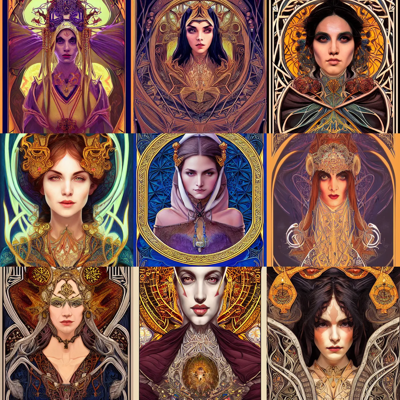 Prompt: head-on symmetrical centered painted portrait, Dorra Zarrouk as a D&D wizard, ornate robes, art nouveau, tarot card style, fantasy, intricate, elegant, highly detailed, smooth, sharp focus, illustration, artstation, in the style of Artgerm and Anna Podedworna and Alex Ross and Mucha