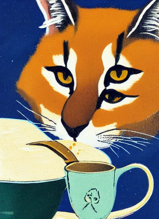 Image similar to an extreme close - up portrait of a cute fluffy caracal drinking tea, samovar, by billy childish, thick visible brush strokes, shadowy landscape painting in the background by beal gifford, vintage postcard illustration, minimalist cover art by mitchell hooks