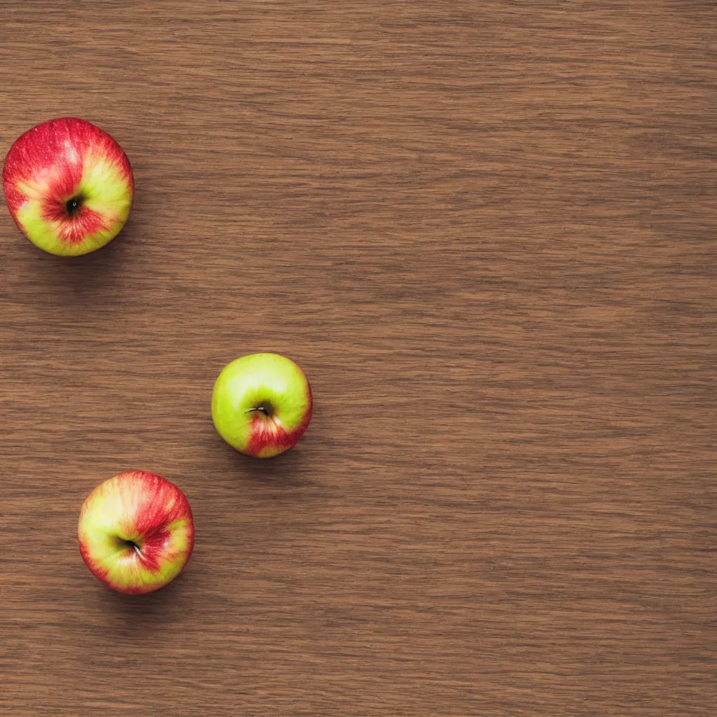 Image similar to top-down view with one apple top of a wooden table, wallpaper, 4k, photorealistic
