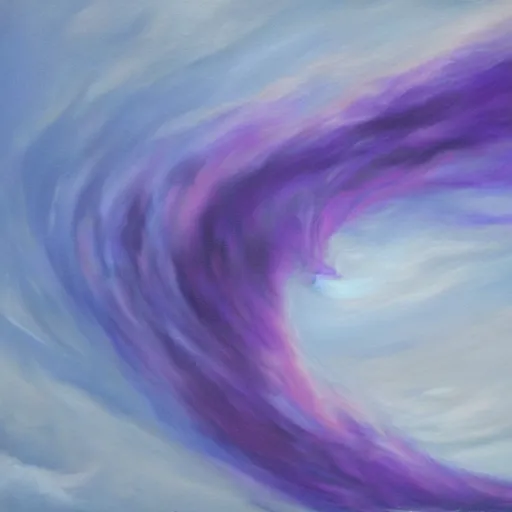 Prompt: a detailed oil painting of a purple tornado descending from the clouds in the ocean. the color of the tornado is purple, and its really realistic