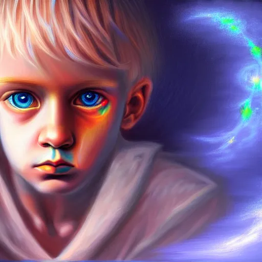 Prompt: powerful eyes glowing highly detailed painting of deep sadness alone, young blonde boy spiritual portrait, fractal electricity surrounding him, expressive emotional sadness piece, trending on art station, abstract emotional sadness expression, very very very beautiful, fantasy digital art, visionary art, magical fantasy 2 d concept art