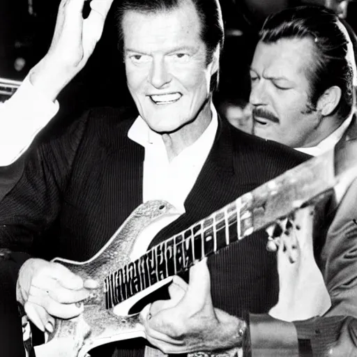 Prompt: roger moore in a nightclub in florida playing guitar