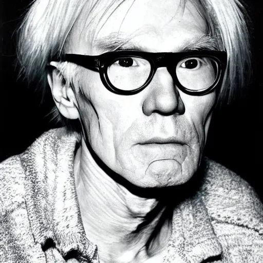 Image similar to Portrait of an aged elderly Andy Warhol, taken in the 2000s, photo taken on a 2000s camera, grainy, real life, hyperrealistic, ultra realistic, realistic, highly detailed, epic, HD quality, 8k resolution, body and headshot, film still, front facing, front view, headshot and bodyshot, detailed face, very detailed face