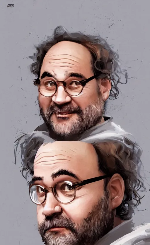 Image similar to george costanza with wild hair and bright eyes. he's wearing a flowing bathrobe made of light, airy fabric and he has a mischievous look on his face, dynamic lighting, photorealistic fantasy concept art, trending on art station, stunning visuals, creative, cinematic, ultra detailed