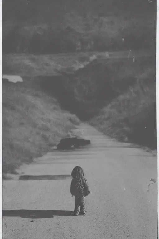 Image similar to photo polaroid of a sad and lonely child stands in the middle of a road, by the roadside many tents of field hospitals, pandemic, covid,loneliness, black and white ,photorealistic, 35mm film,