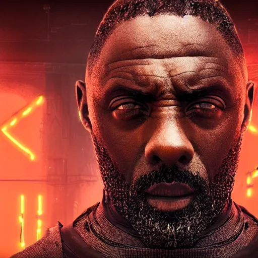 Image similar to idris elba portrait, dystopia core, apocalyptic, armor, warrior, dramatic, sharp focus, fiction, neon, fantasy, hyper detailed, digital art, trending in artstation, cinematic lighting, studio quality, smooth render, unreal engine 5 rendered, octane rendered, art style and nixeu and wlop and krenz cushart