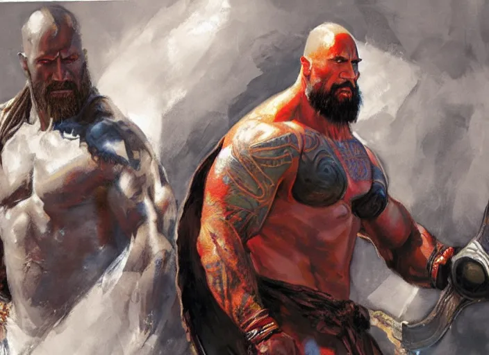 Image similar to a highly detailed beautiful portrait of dwayne johnson as kratos, by gregory manchess, james gurney, james jean