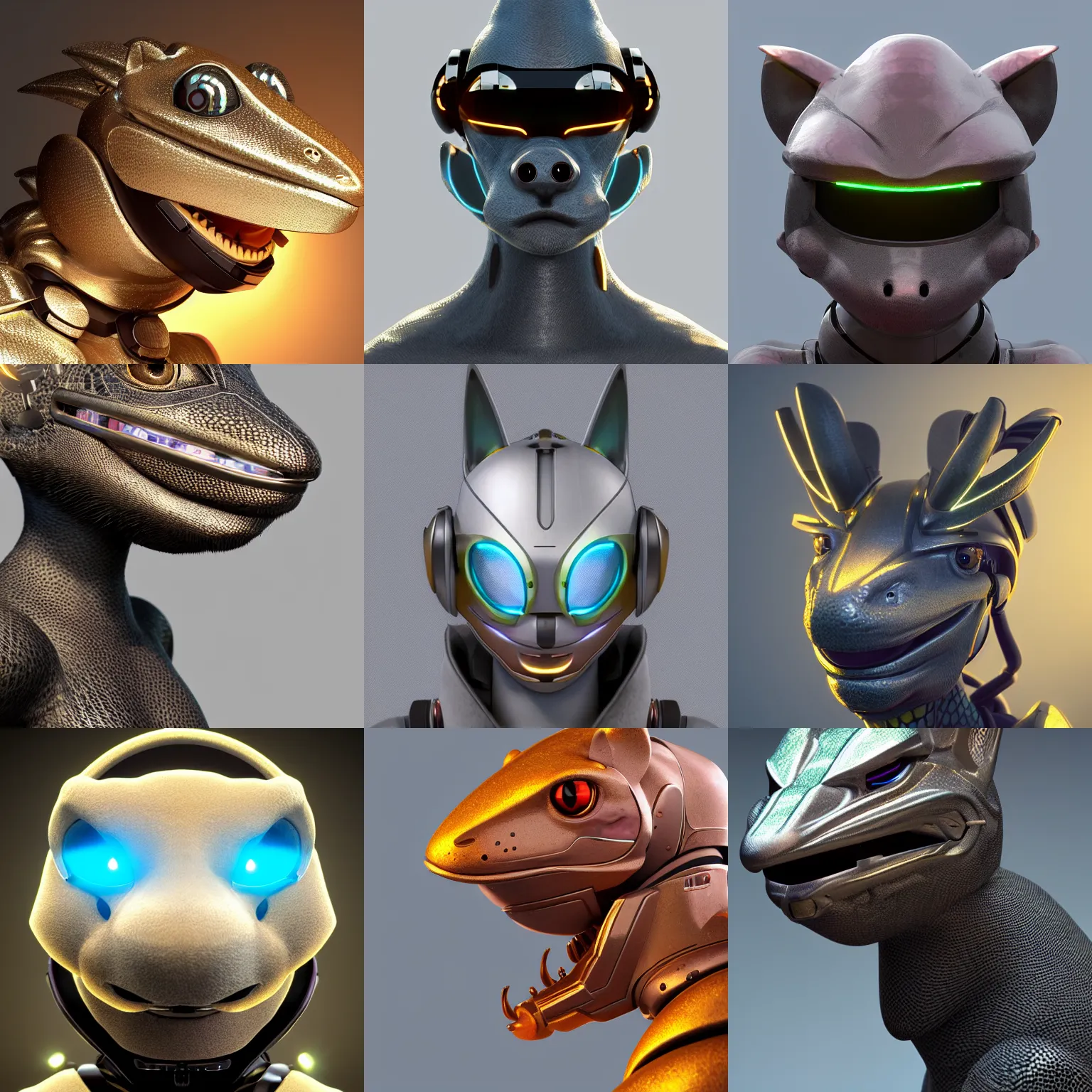 Prompt: very very beautiful furry art, bust profile picture of a robotic anthro lizard, visor screen for face, horns with indicator lights, rounded shapes, smooth metal skin, commission on furaffinity, cgsociety, octane render