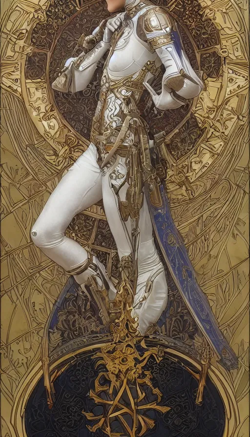 Image similar to soldiers in white armor, highly detailed, very intricate, art nouveau, gold filigree, left right symmetry, tarot concept art watercolor illustration by mandy jurgens and alphonse mucha and alena aenami, featured on artstation