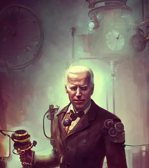 Image similar to portrait of steampunk joe biden cosplaying, by wlop, by simon stalengrad, by ilya repin, bioshock screenshot, photorealistic fan art, detailed shading, intricate abstract, steampunk, expressionism