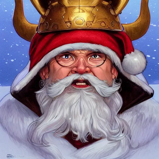 Image similar to santa claus wearing a viking helmet, art by artgerm, greg rutkowski and alphonse mucha