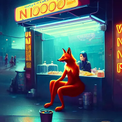 Image similar to splash art of anthropomorphic female vulpes vulpes fulva woman sitting at a noodle stand eating noodles in the crowded street of a cyberpunk city, rain, harsh neon lights, atmospheric : by weta, greg rutkowski, wlop, ilya kuvshinov, rossdraws, artgerm, octane render, liosh, mucha