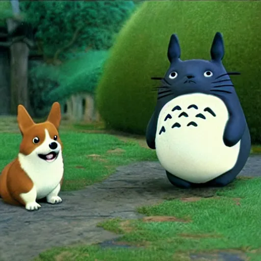 Image similar to a corgi totoro, scene from the movie my neighbor totoro, studio ghibli, anime, peaceful, calm, beautiful landscape