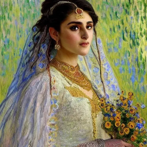 Image similar to full body portrait of a beautiful Kurdish bride wearing beautiful a beautiful wedding dress, very detailed eyes, hyperrealistic, beautiful, very detailed painting by Claude Monet and Alphonse Mucha, trending on artstation, extremely high detail, incredibly intricate