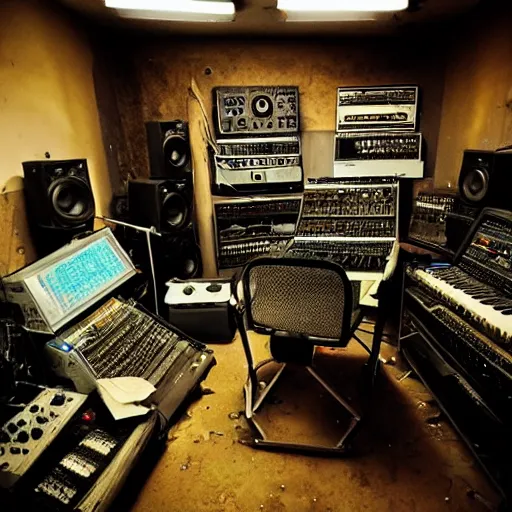 Image similar to a grimy grungy broken down abandoned recording studio full of broken equipment, synthesizers and cables,