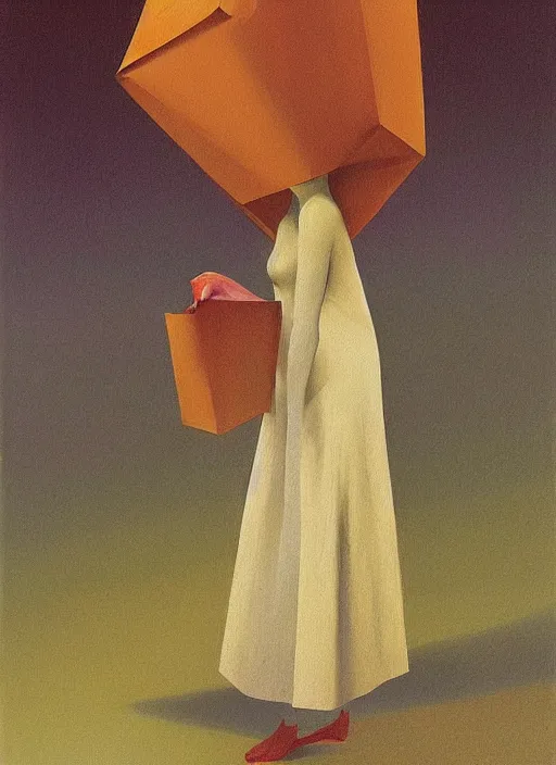 Image similar to woman in paper bag over the head and a sward Edward Hopper and James Gilleard, Zdzislaw Beksinski, highly detailed