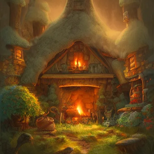 Prompt: a detailed illustration idyllic the house with smoke coming out of the chimney in the forest scene by Justin Gerard, trending on artstation, cgsociety, deviantart