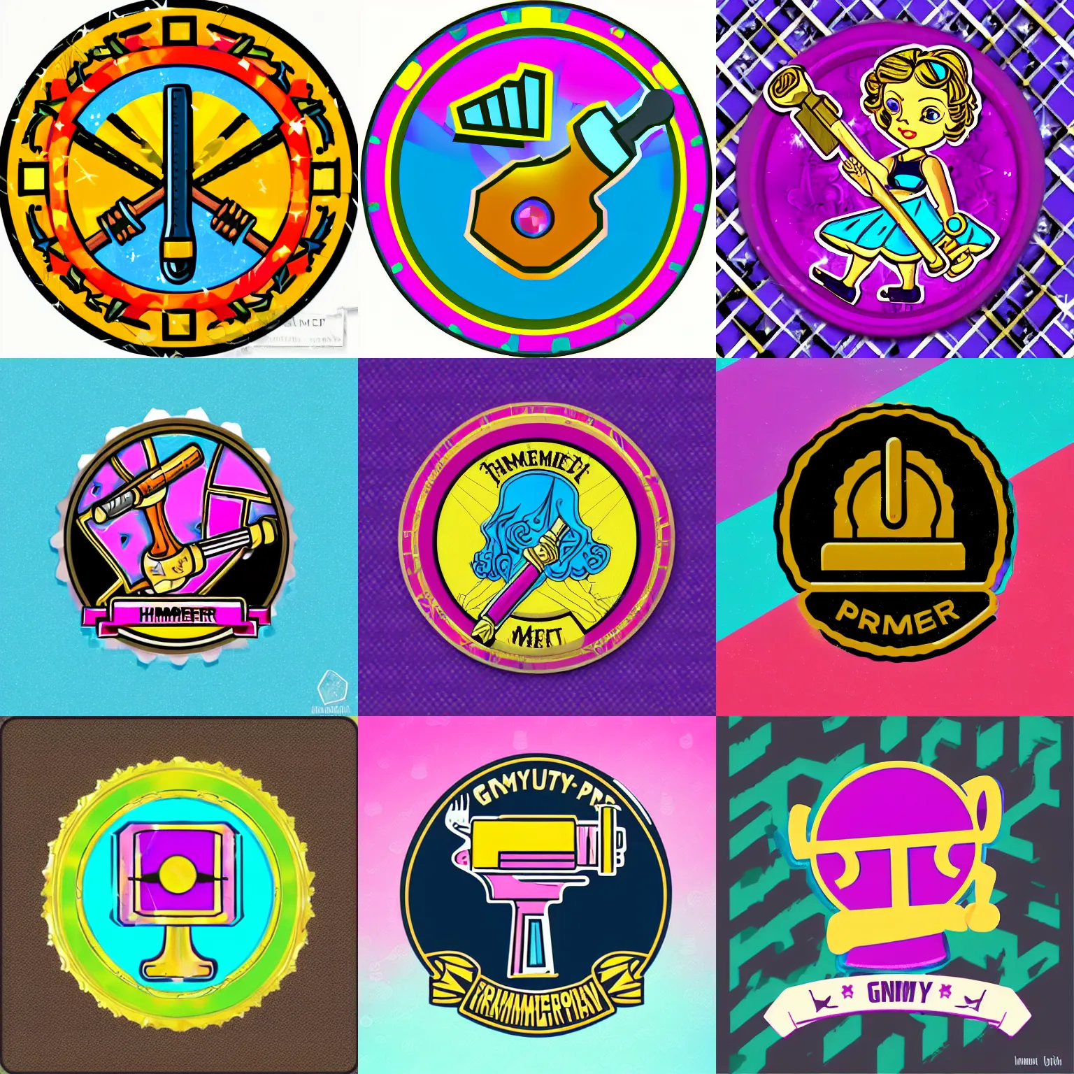 Prompt: 🔨⚙☭ girly proletarian hammer icon designed by lisa frank, vector graphics forum badge, svg, symmetrical, transparent background, cute, metal, enamel, cloissonne, vintage, guilloche, gem stones, gilt, swarovski, circular