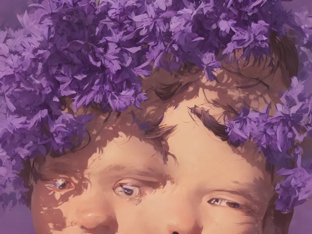 Image similar to kid with symmetrical beauty face, purple flowers of marijuana hemp cannabis, behance hd, by jesper ejsing, by rhads, makoto shinkai, lois van baarle, ilya kuvshinov, rossdraws global illumination, golden ratio