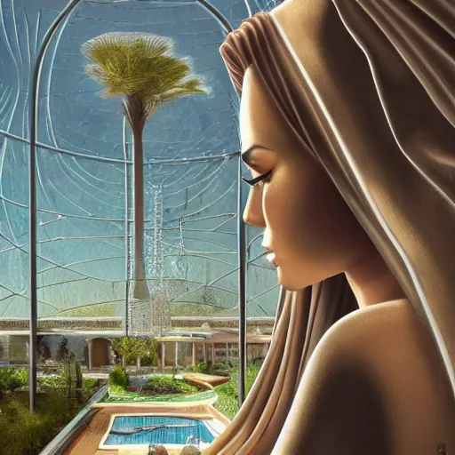 Image similar to detailed face of an arabic woman, travertine and stainless steel courtyard, clear pool, tectonic sky, skydome, reactor, utopian, tech noir, wet reflections, prism, atmospheric, ambient, pj crook, syd mead, livia prima, artgerm, greg rutkowski, nick alm, casey baugh